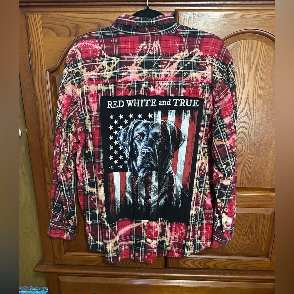 Red White and True black lab upcycled bleached flannel tee